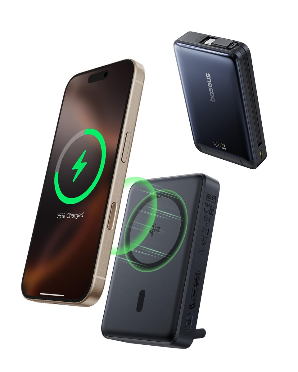 Baseus Nomos 3'ü 1 arada MagSafe 10000mAh Power Bank - Qi2 15W Kablosuz Şarj, 45W Dahili Çift Yönlü Hızlı Şarj Kablolu, Siyah