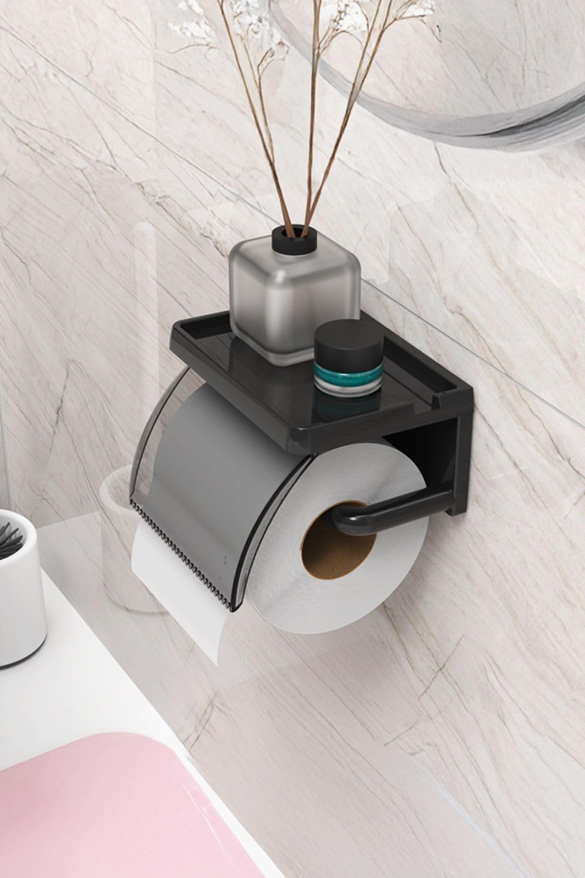 ATA HOME Yapışkanlı Kapaklı Tuvalet Kağıdı Askısı Banyo Tuvalet Kağıtlığı Aparatı Peçetelik Organizer Plastik, Siyah