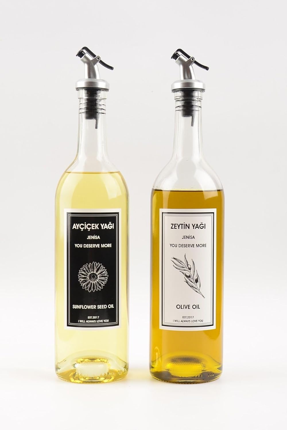 Jenisa 2'li 750 Ml Akıtmaz Şeffaf Zeytinyağı Sıvıyağ Şişesi Cam Yağdanlık Akıtıcılı Yağlık 750ml