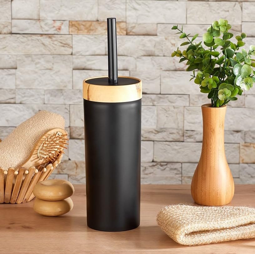 COVEREST Bambu Görünümlü Ahşap Desen Tuvalet Fırçası Seti (BANYO - MUTFAK - TUVALET - BALKON) (SİYAH