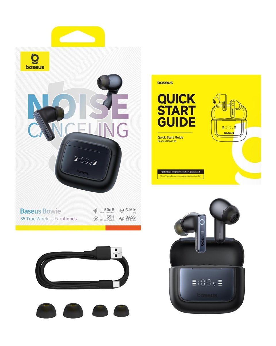 Baseus Bowie 35 TWS Bluetooth Kulak İçi Kulaklık, 50 dB ANC, 6 Mikrofon ENC, 65 Saate Kadar Pil Ömrü, IPX4, Siyah