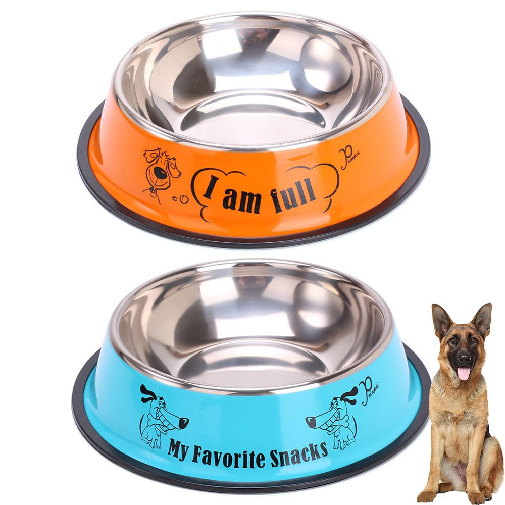 X spring Paslanmaz Çelik Köpek Kasesi, 2 Adet Kaymaz Köpek Yem ve Su Kasesi, Küçük/Orta/Büyük Köpekler için Kauçuk Tabanlı Köpek Tabakları (Turuncu+Mavi)