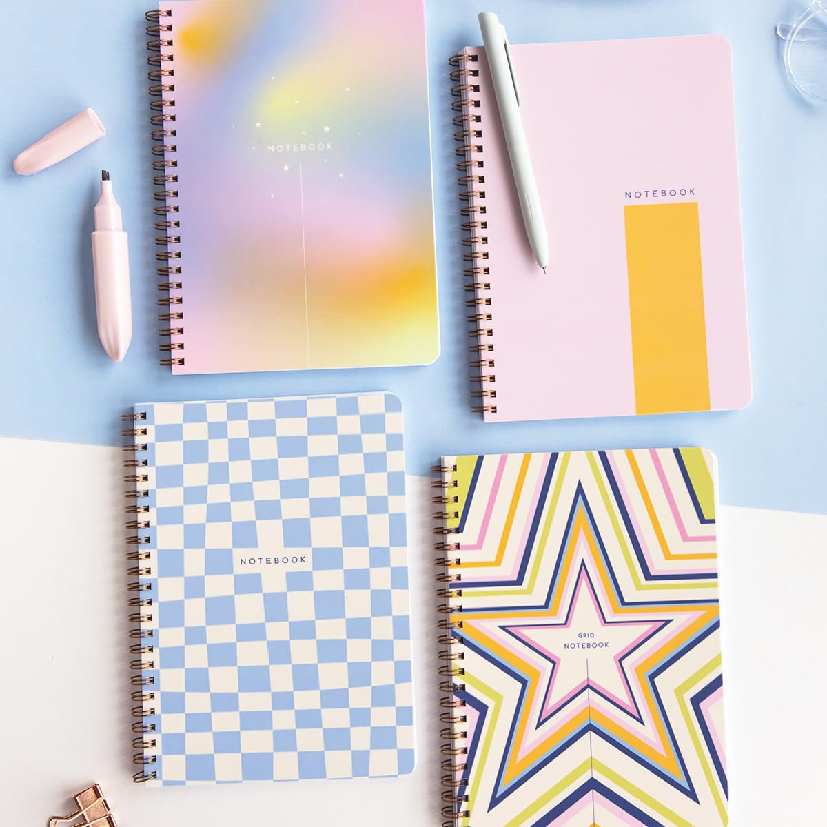 PAPERORA A5 Spiralli Karton Kapak Kareli Okul Defteri 80 yaprak 4'lü Set - Ders Programlı - Renkli