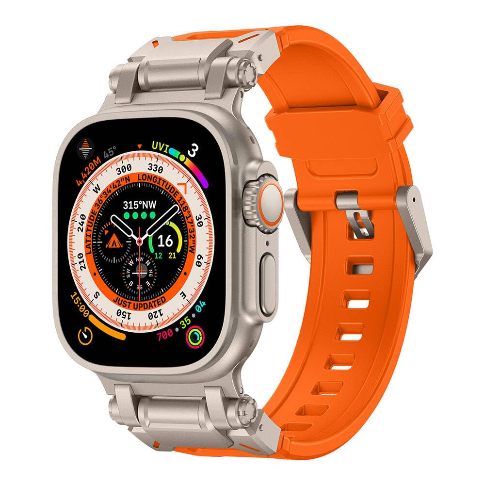 Zore Apple İle Uyumlu Watch Ultra 49mm KRD-101 Titanyum Metal Başlıklı Silikon Kordon Turuncu-Titanyum