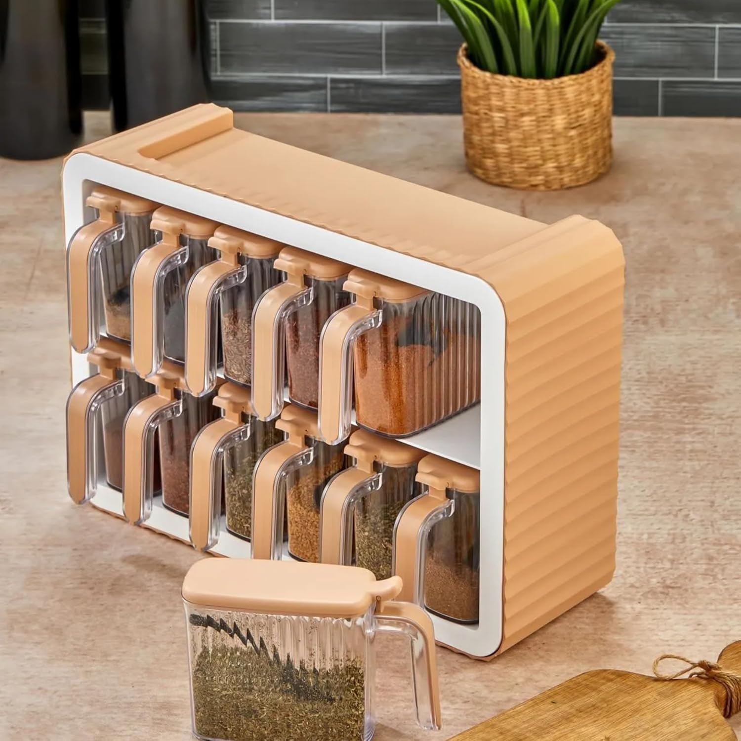 welcomein 12 li Standlı Kendinden Yapışkanlı Kapaklı Kaşıklı Baharatlık Takımı - Kulplu Baharatlık (Bej)
