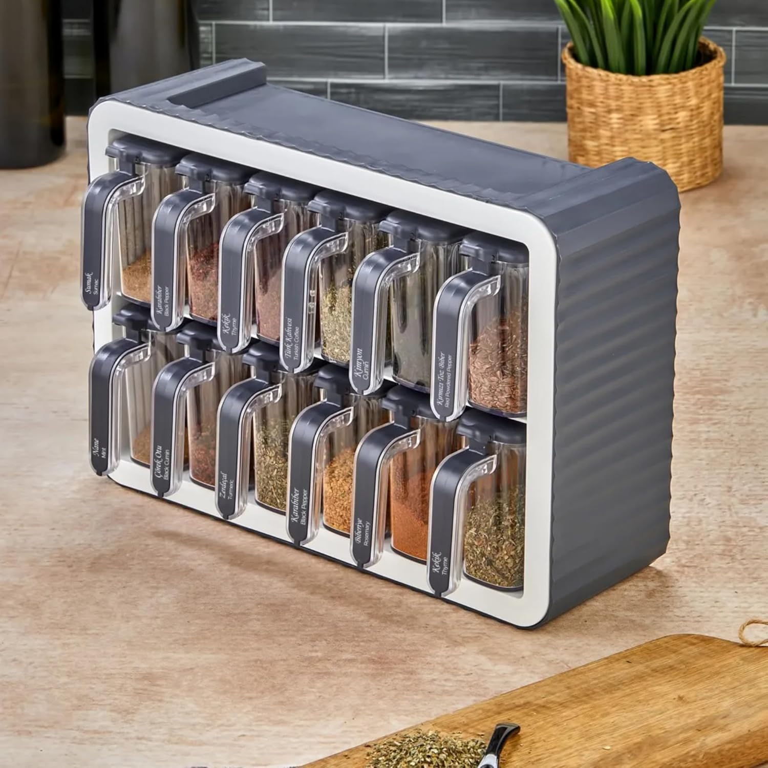 welcomein 12 li Standlı Kendinden Yapışkanlı Kapaklı Kaşıklı Baharatlık Takımı - Kulplu Baharatlık (Antrasit)
