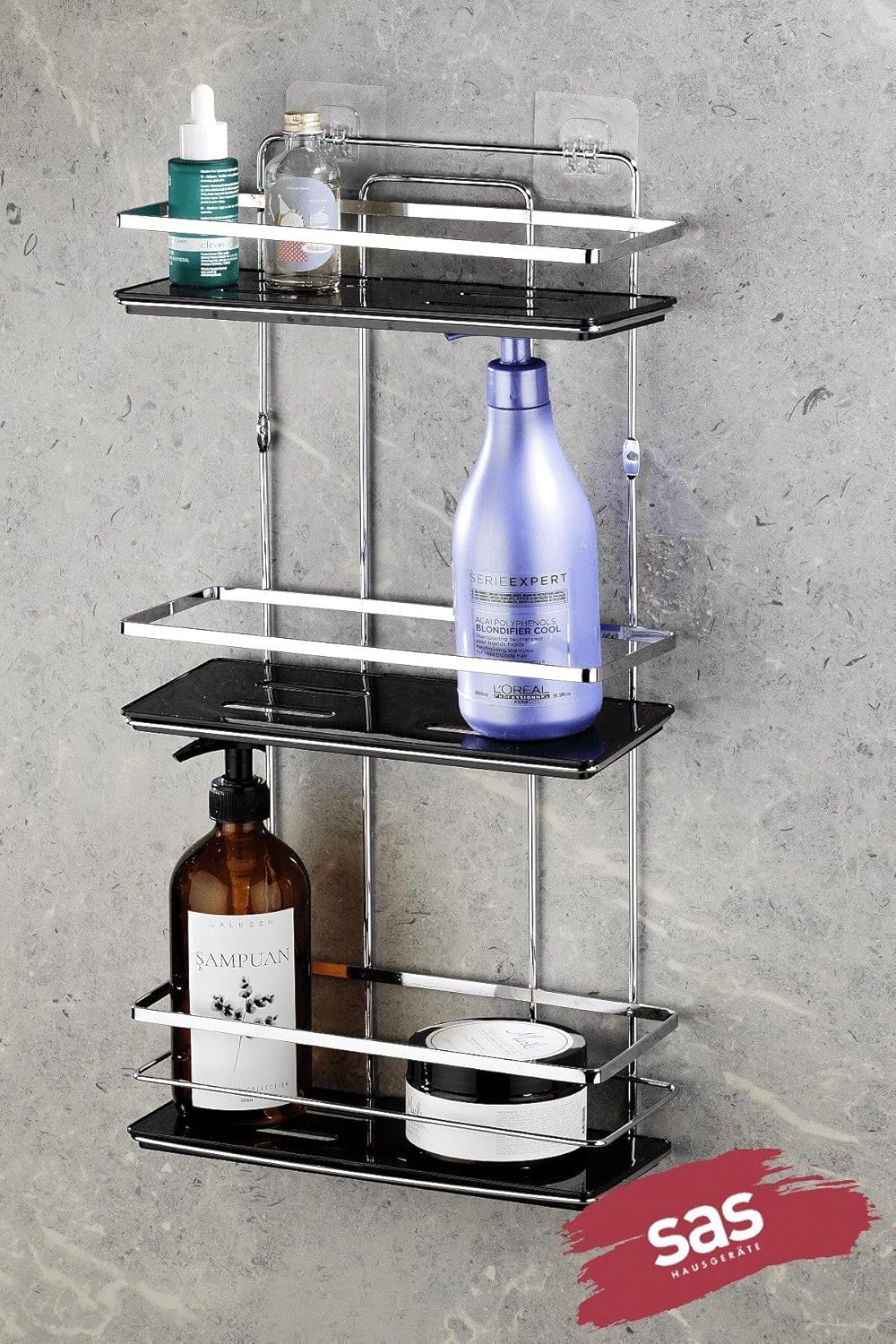Sas Haus Yapışkanlı Ömür Boyu Paslanmaz Ayarlanabilir Raf Banyo Düzenleyici Şampuanlık Krom Siyah LŞ-03