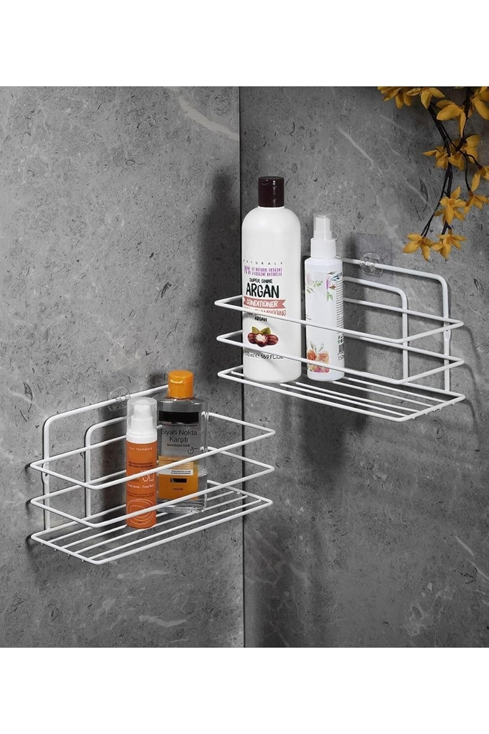 Sas Haus Ömür Boyu Paslanmaz Yapışkanlı Banyo Düzenleyici Şampuanlık Duş Rafı 2 Adet Beyaz Tş-01