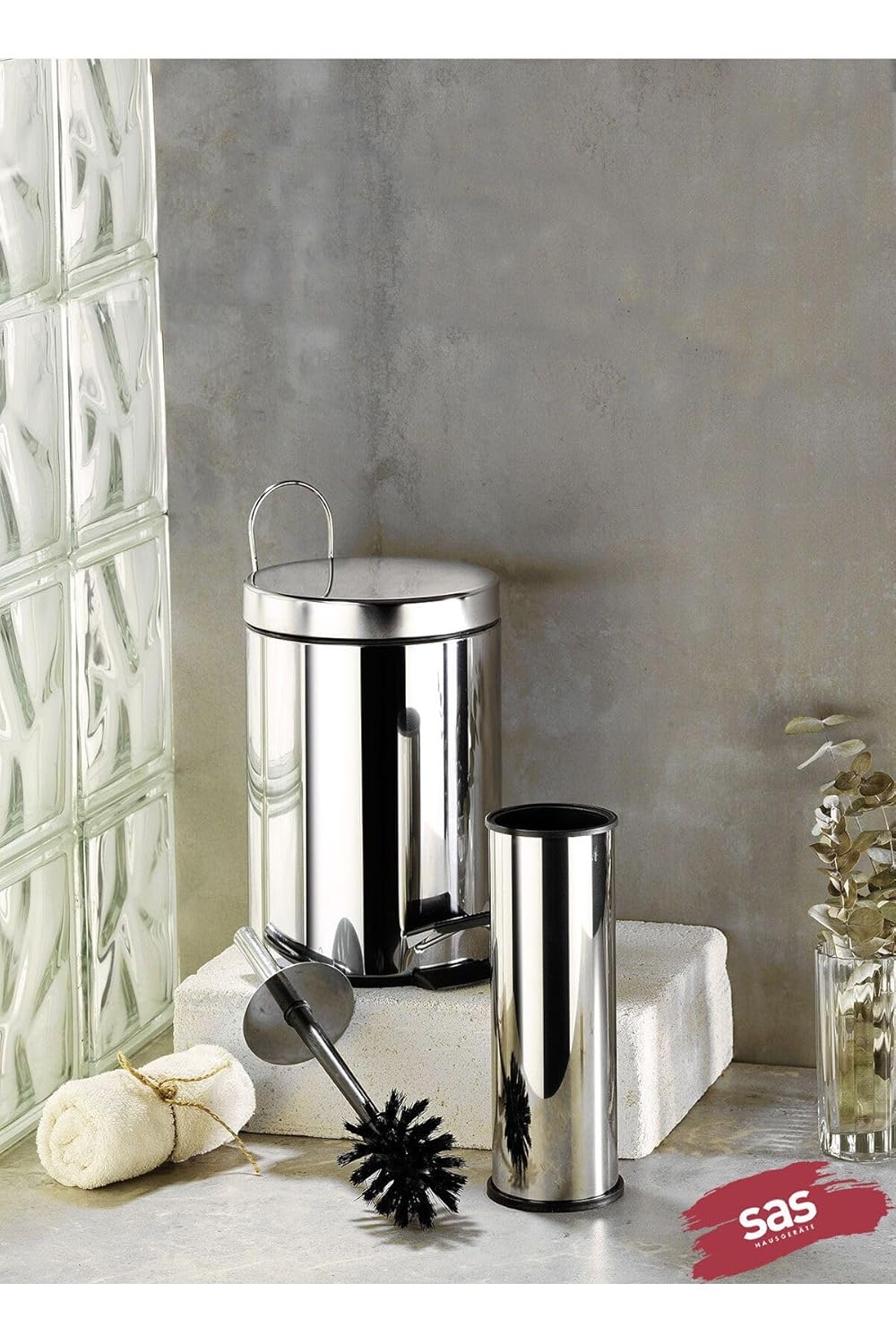 Sas Haus 3Lt Krom 2'Li Banyo Seti Pedallı Çöp Kovası Wc Klozet Tuvalet Fırça Seti Banyo Çöp Kovası