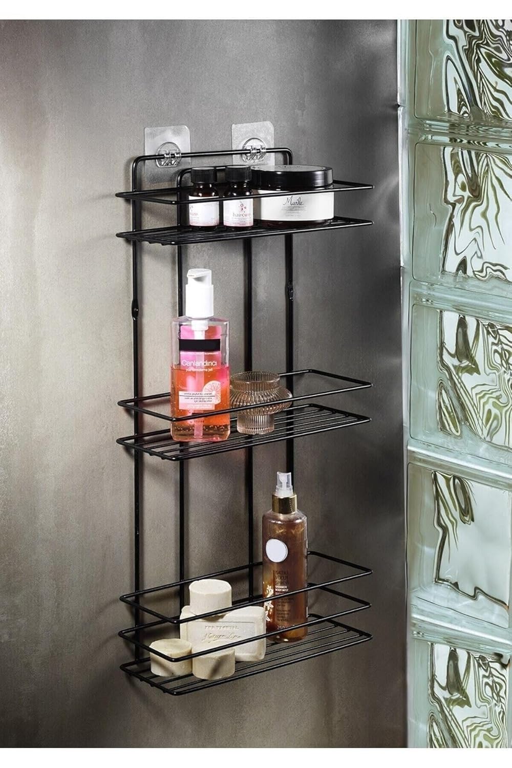 Sas Haus Ömür Boyu Paslanmaz Yapışkanlı Metal Termo Plastik Banyo Düzenleyici Şampuanlık Duş Rafı Siyah Tş-03