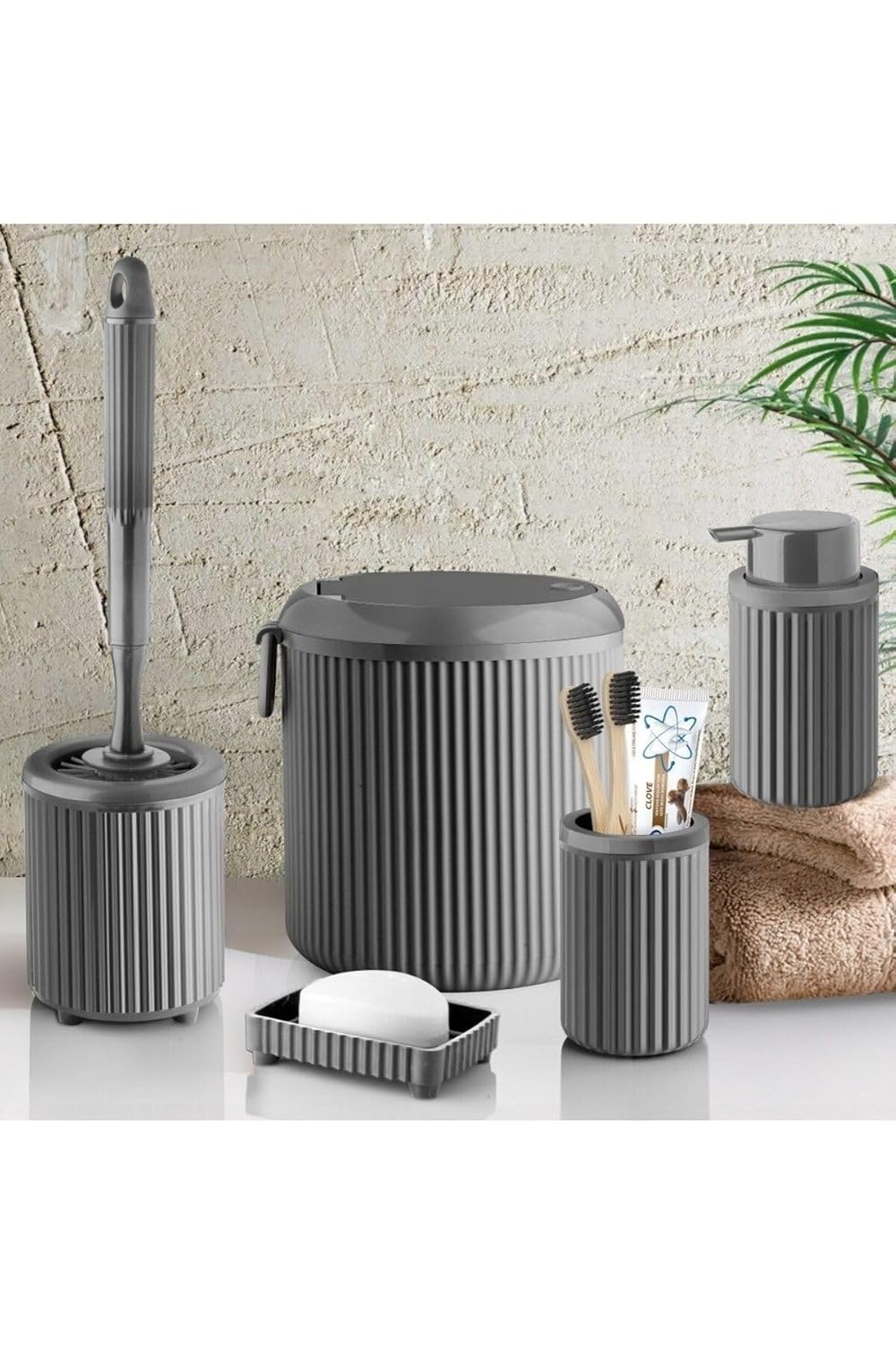 Sas Haus Çöp Kovası Tuvalet Fırçası Sıvı Sabunluk Diş Fırçalık Katı Sabunluk 5 Parça Banyo Seti 4 Litre Gri