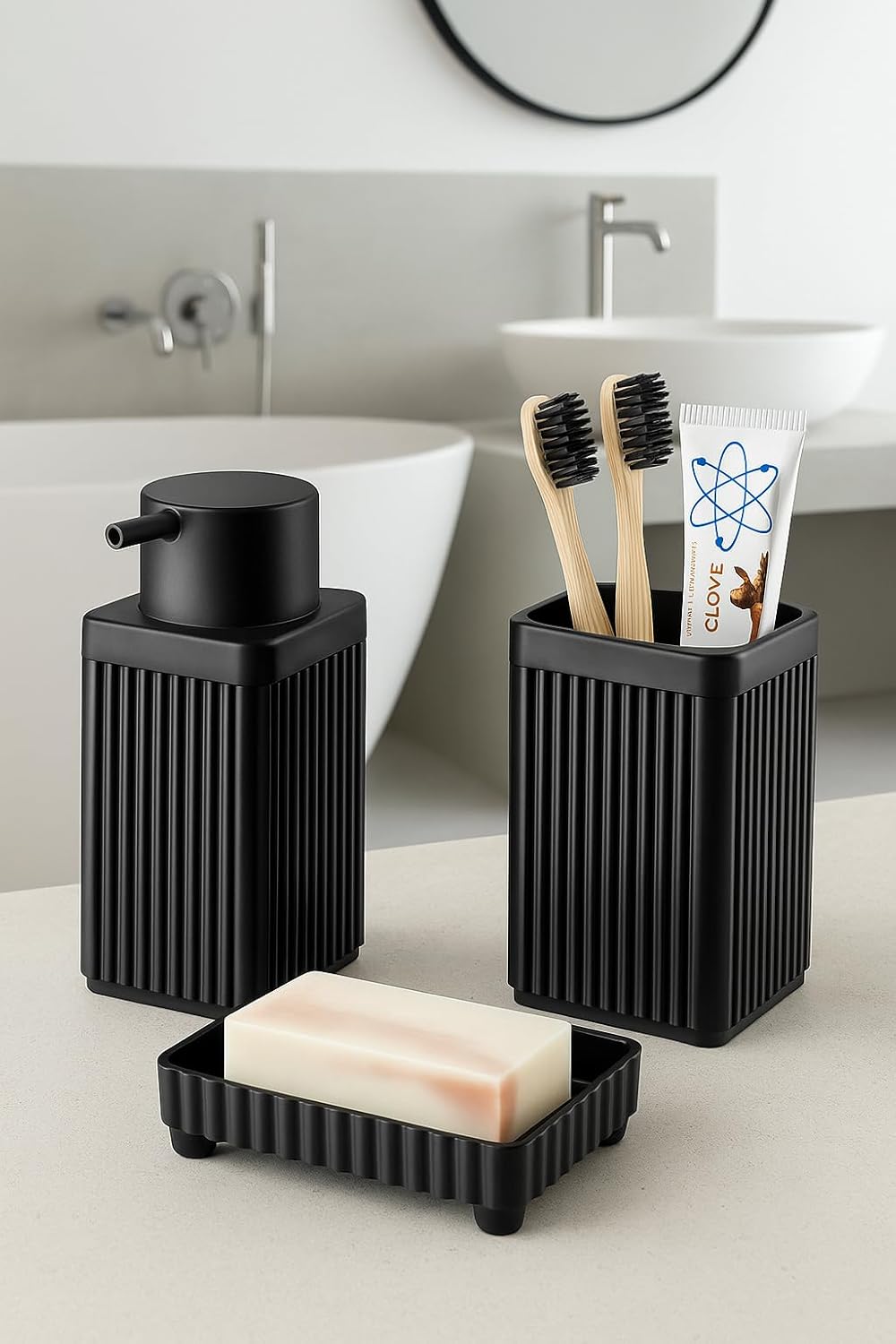 Lines Serisi Siyah Banyo Seti, 3 Parça Diş Fırçalık, Sıvı Sabunluk, Katı Sabunluk Aksesuar Takımı - 3465