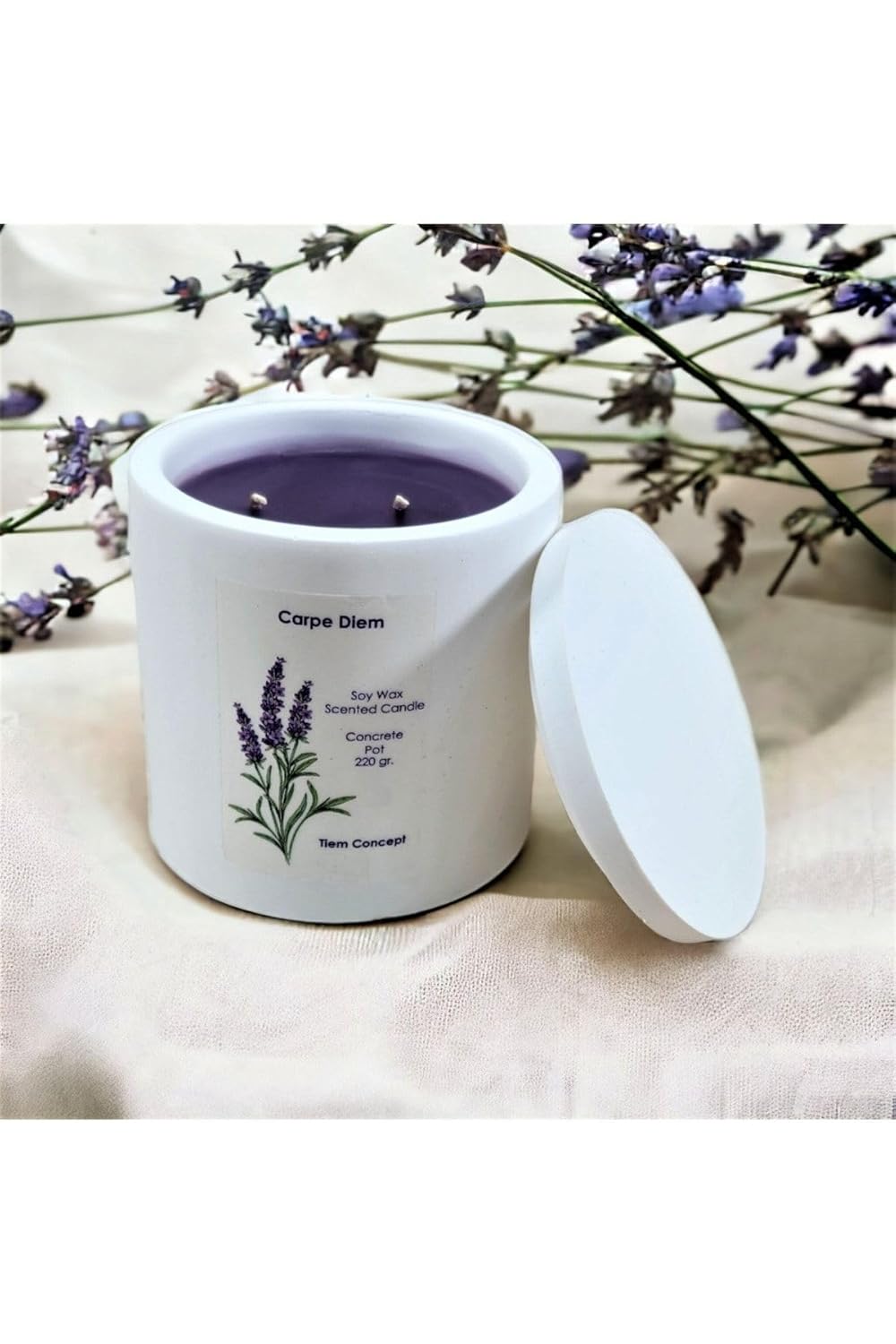 Tiem Concept Dekoratif Lavanta Kokulu Beyaz Renkli Beton Saksılı Ve Kapaklı Soya Mum