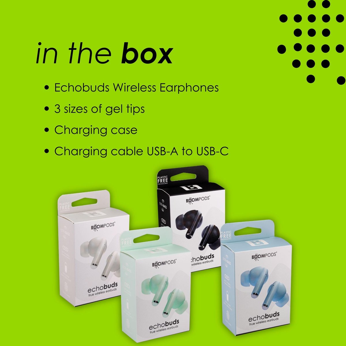 Boompods Echobuds Gerçek Kablosuz Kulaklık - Dahili Mikrofonlu Bluetooth Kulak Tomurcukları, 19 Saat Çalma Süresi, Geri Dönüştürülmüş Plastikten Kulak İçi Kulaklıklar, Müzik ve Çağrılar için IPX4 Suya