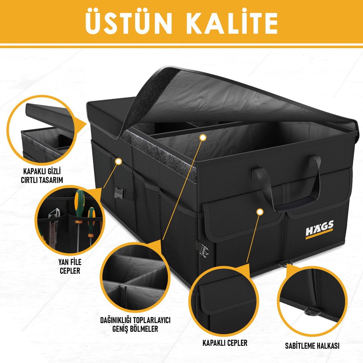 Haegs Araba Bagaj Çantası, Araç içi Düzenleyici Organizer, Katlanabilir Oto Bagaj Düzenleyici, Oto Aksesuarları, Sağlam Araba Alet Eşya Düzenleyici - 65 Lt- Gri