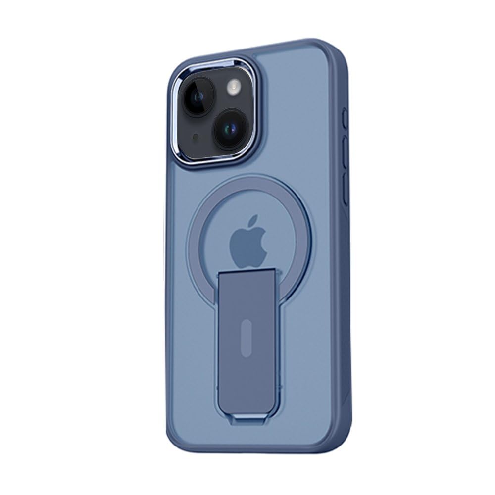 GGM AKSESUAR iPhone 13 Ve 14 için Magsafe ile Uyumlu Arkası Mat Yapıya Metal Kamera Çerçeveli Ultra Güçlendirilmiş Açılır Stantlı Tork Kılıf (Lacivert)