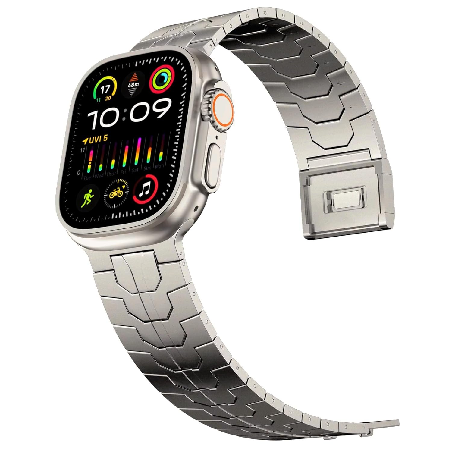 Minesk Apple Watch ile Uyumlu Titanyum Serisi Manyetik Tokalı Hafif ve Rahat Çelik Kordon Kayış (42-44-45-46-49 mm) Boyutlarına Uyumlu (Titanyum, Symetric)