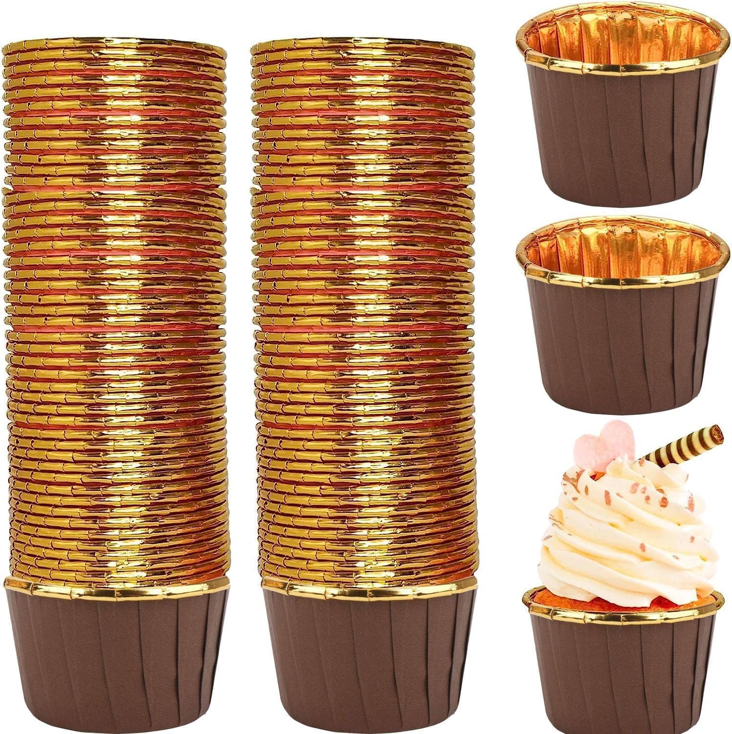 Dolphin 25li Muffin Kalıbı - Cupcake kalıpları, Su Geçirmez ve Yağ Geçirmez Pişirme Kağıtları, Ev veya Parti İçin Alüminyum Folyo Pişirme Kek Kapları - Kahverengi-Altın