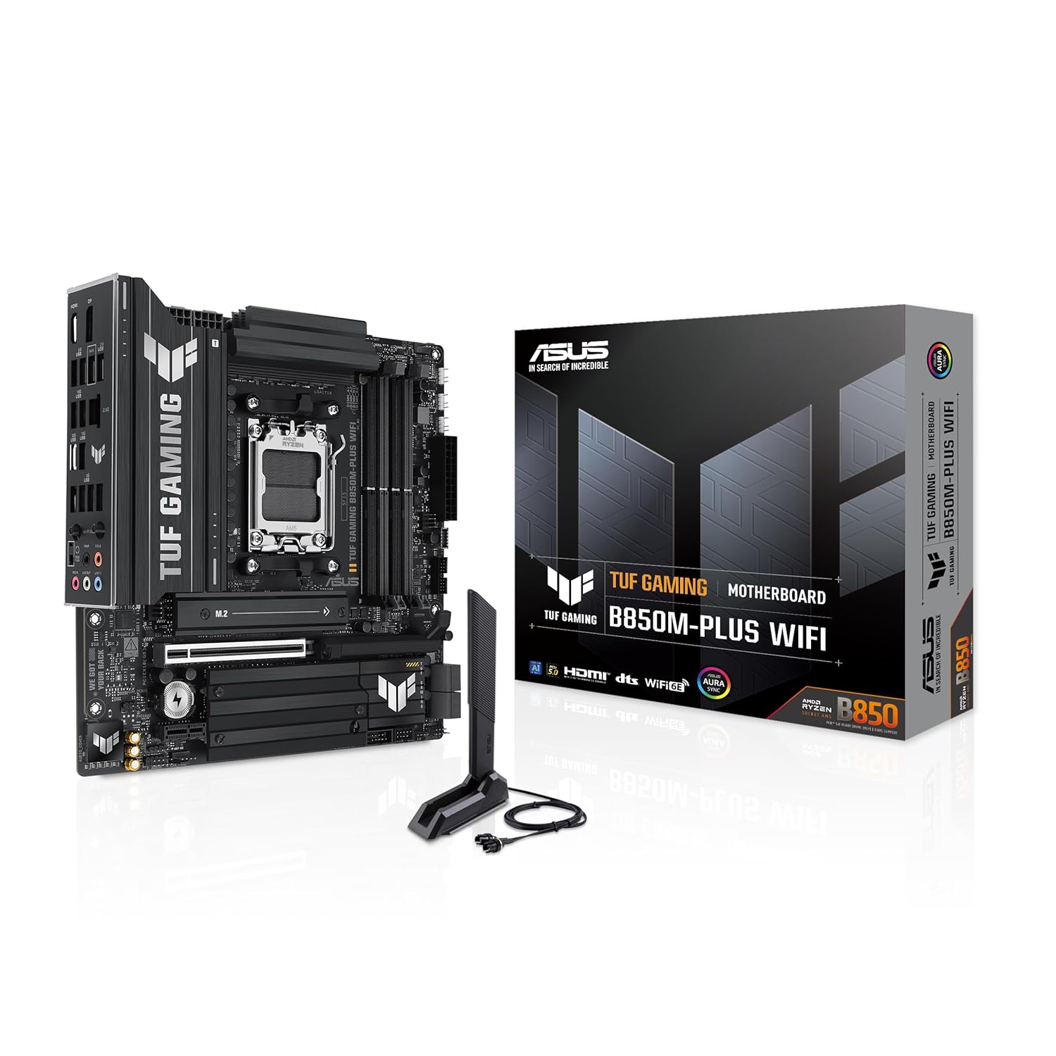 ASUS TUF GAMING B850M-PLUS WIFI AMD B850 AM5 DDR5 8000 DP HDMI 3x M2 USB3.2 Gen 2x2 WiFi 6E + BT AURA RGB 2.5Gbit LAN mATX 14+2+1 Güç Aşamaları, 1xGen5 M.2, Ready for Advanced AI PC