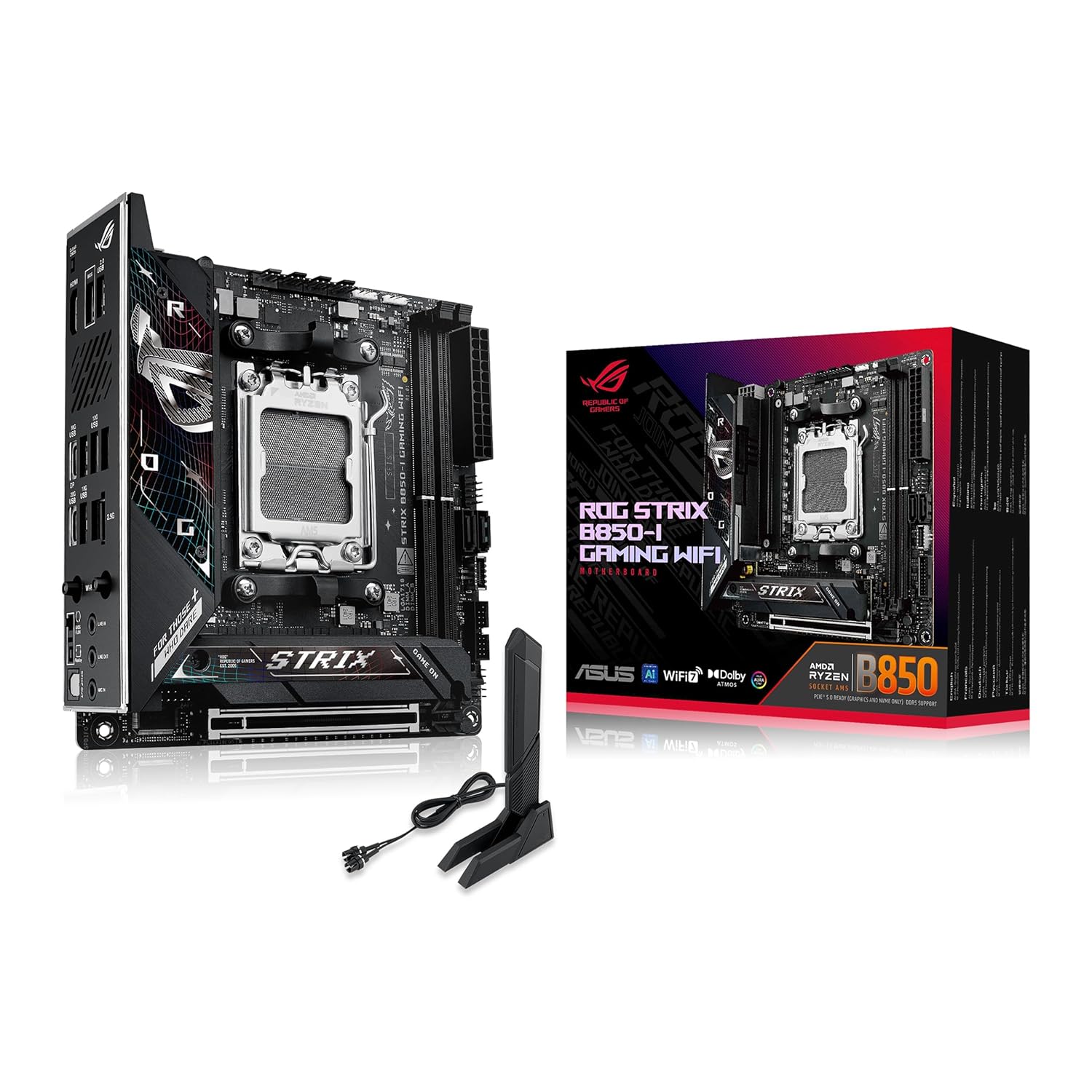 ASUS ROG STRIX B850-I GAMING WIFI AMD B850 AM5 DDR5 8400 DP HDMI Çift M2 USB3.2 Gen 2x2 WiFi 7 + BT AURA RGB 2.5Gbit LAN Mini ITX,2xGen5 M.2, ASUS Q-Design, Ready for Advanced AI PC, AI Advisor