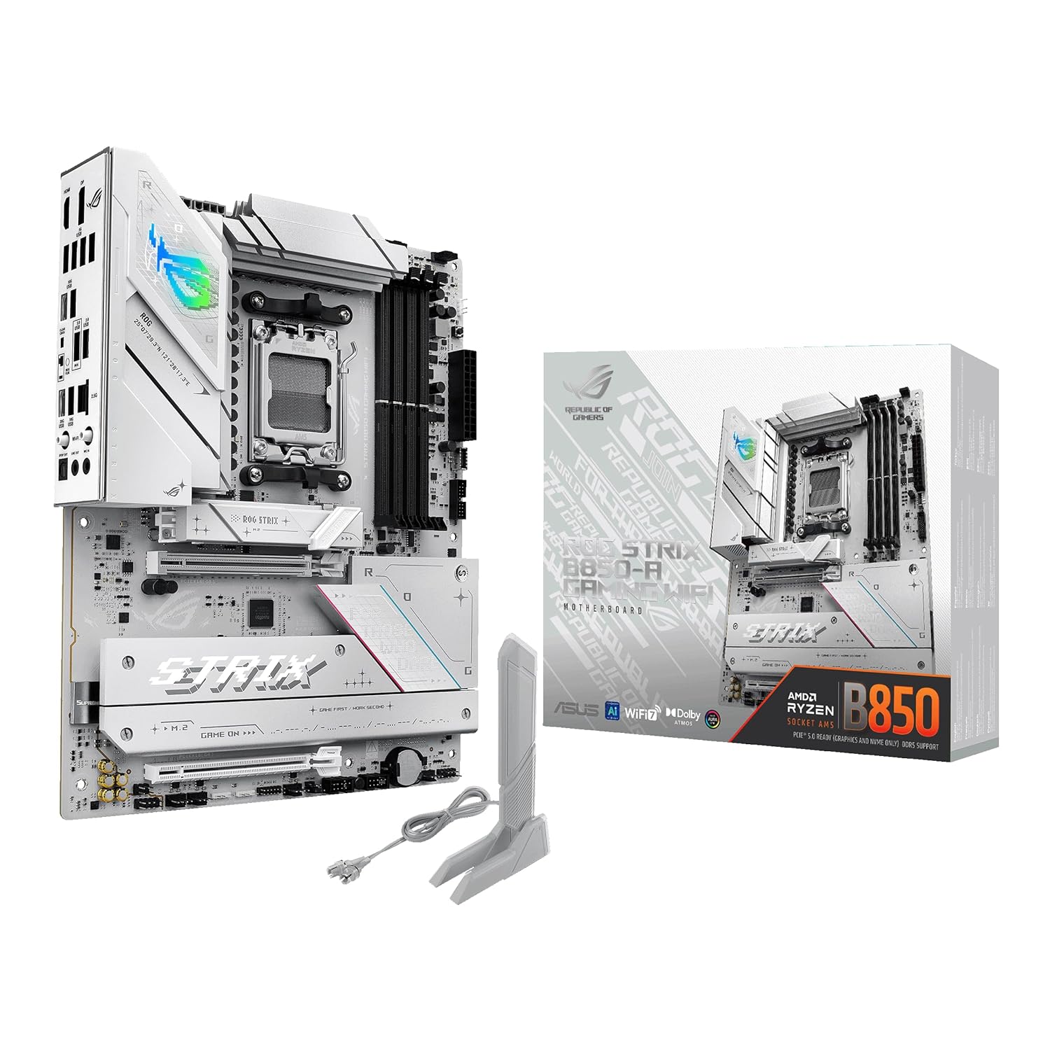 ASUS ROG STRIX B850-A GAMING WIFI AMD B850 AM5 DDR5 8000 DP HDMI 4x M2 USB3.2 Gen 2x2 WiFi 7 + BT AURA RGB 2.5Gbit LAN ATX 14+2+2 Güç Aşamaları, ASUS Q-Design, Ready for Advanced AI PC