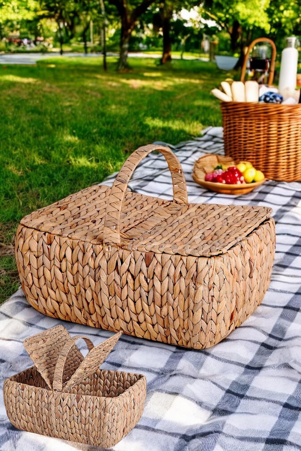 Deconox El Yapımı Su Sümbülü Kapaklı Büyük Boy Hasır Örme Piknik Sepeti Dikdörtgen - 46X30cm - 20-36cm