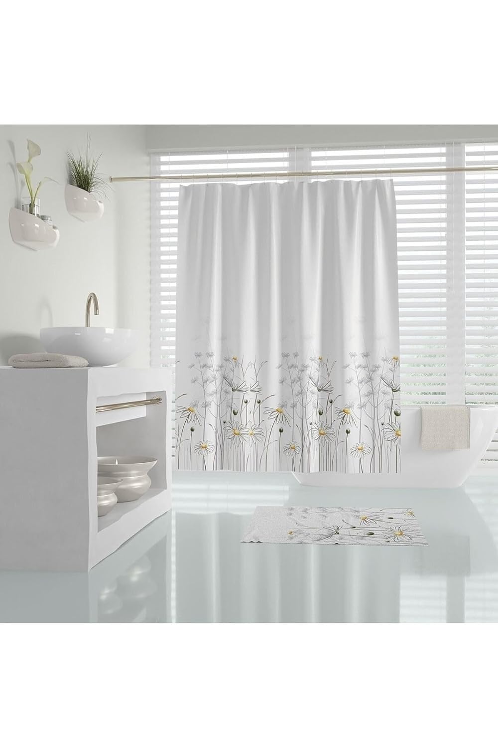 Tropik Home Duş Perdesi Seti, 12 Adet C Halka Hediyeli Banyo Perdesi-banyo Duş Perdeleri-banyo Aksesuarları Papatya