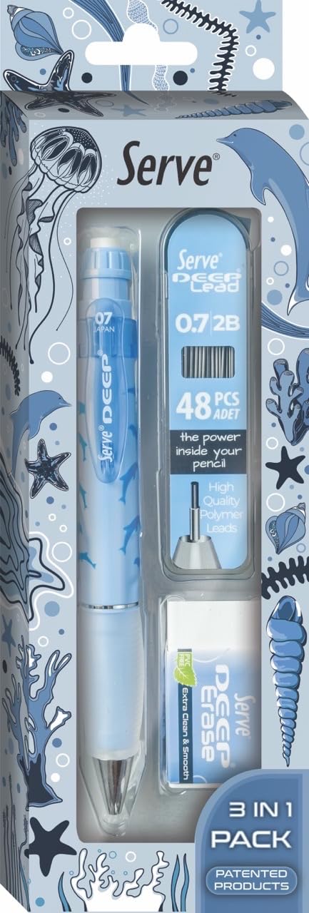 Serve Doğa Desenli Deep Kalem, Deep Silgi ve Deep Min, 0.7 mm, Gök Mavi