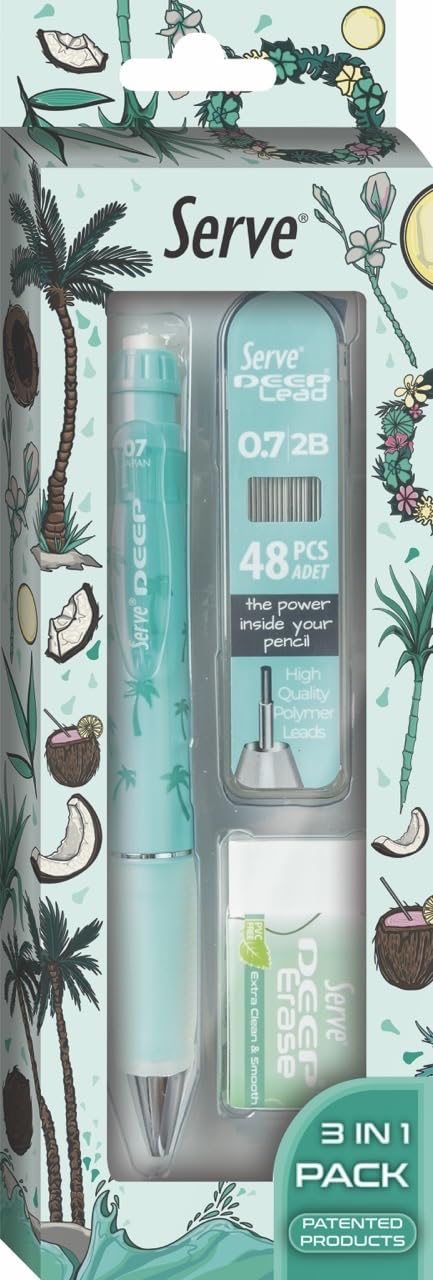 Serve Doğa Desenli Deep Kalem, Deep Silgi ve Deep Min, 0.7 mm, Nane Yeşili