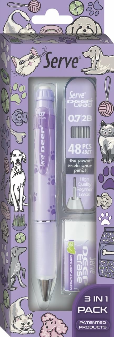 Serve Doğa Desenli Deep Kalem, Deep Silgi ve Deep Min, 0.7 mm, Lavanta