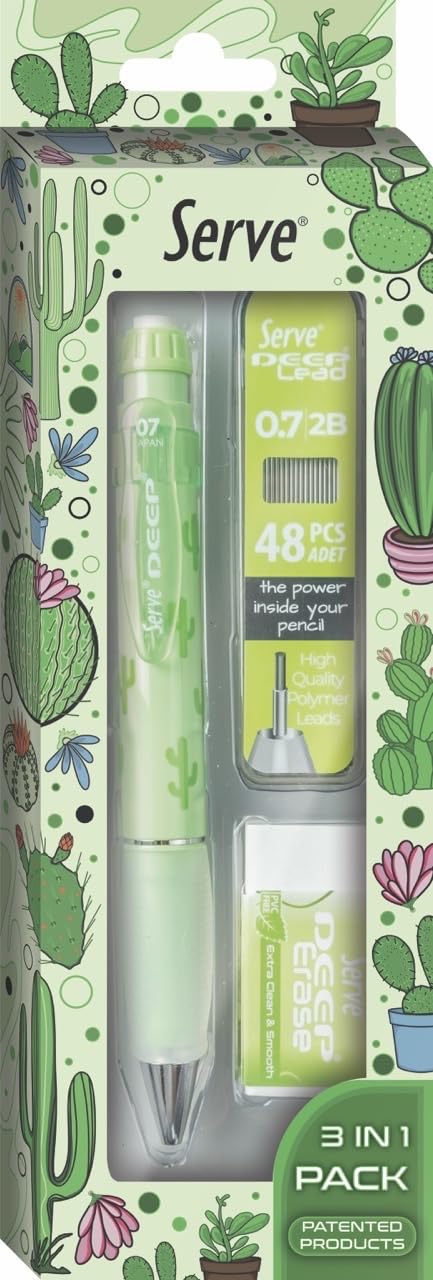 Serve Doğa Desenli Deep Kalem, Deep Silgi ve Deep Min, 0.7 mm, Elma Yeşili