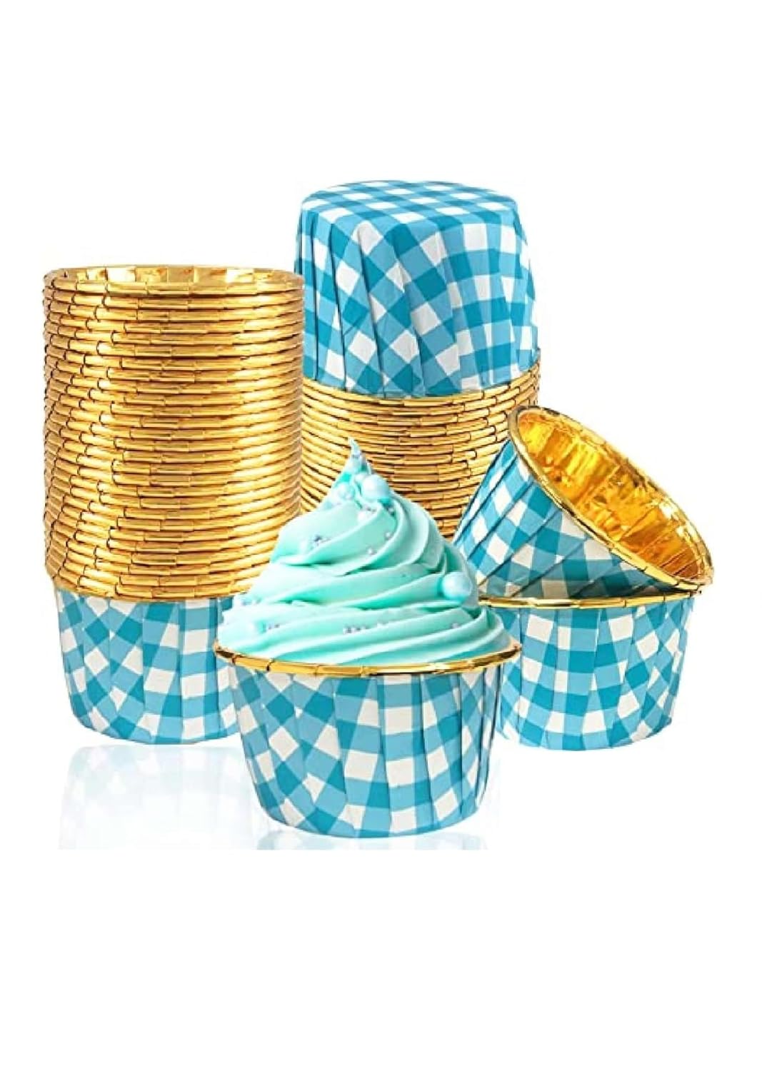 Dolphin Muffin Kek Kapsülü Kare Desenli Mavi-Altın 25li