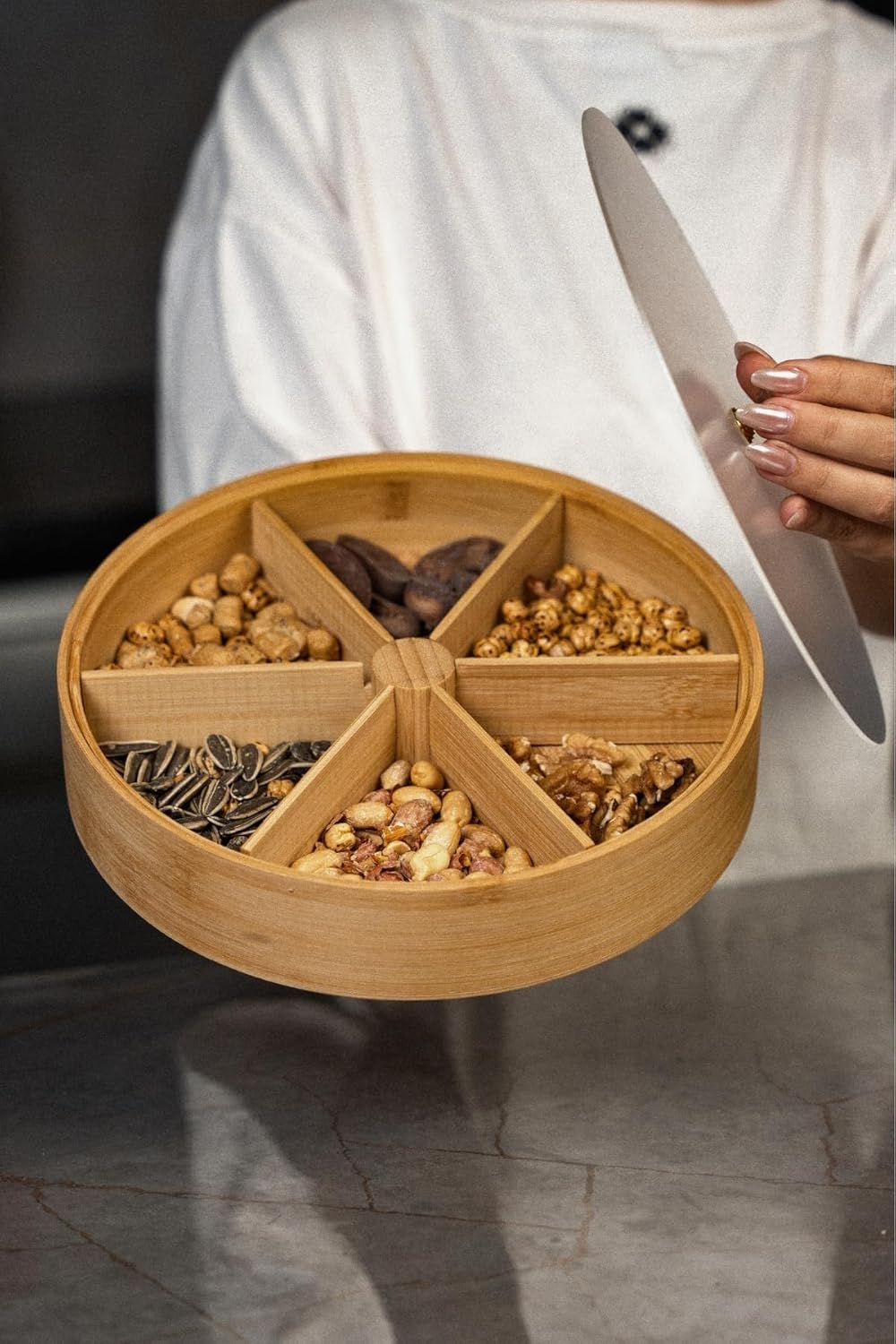 Meturas Mutfak Ev Bambu Çerez Servis Sunum Tepsisi Kapaklı 6 Bölmeli Yuvarlak