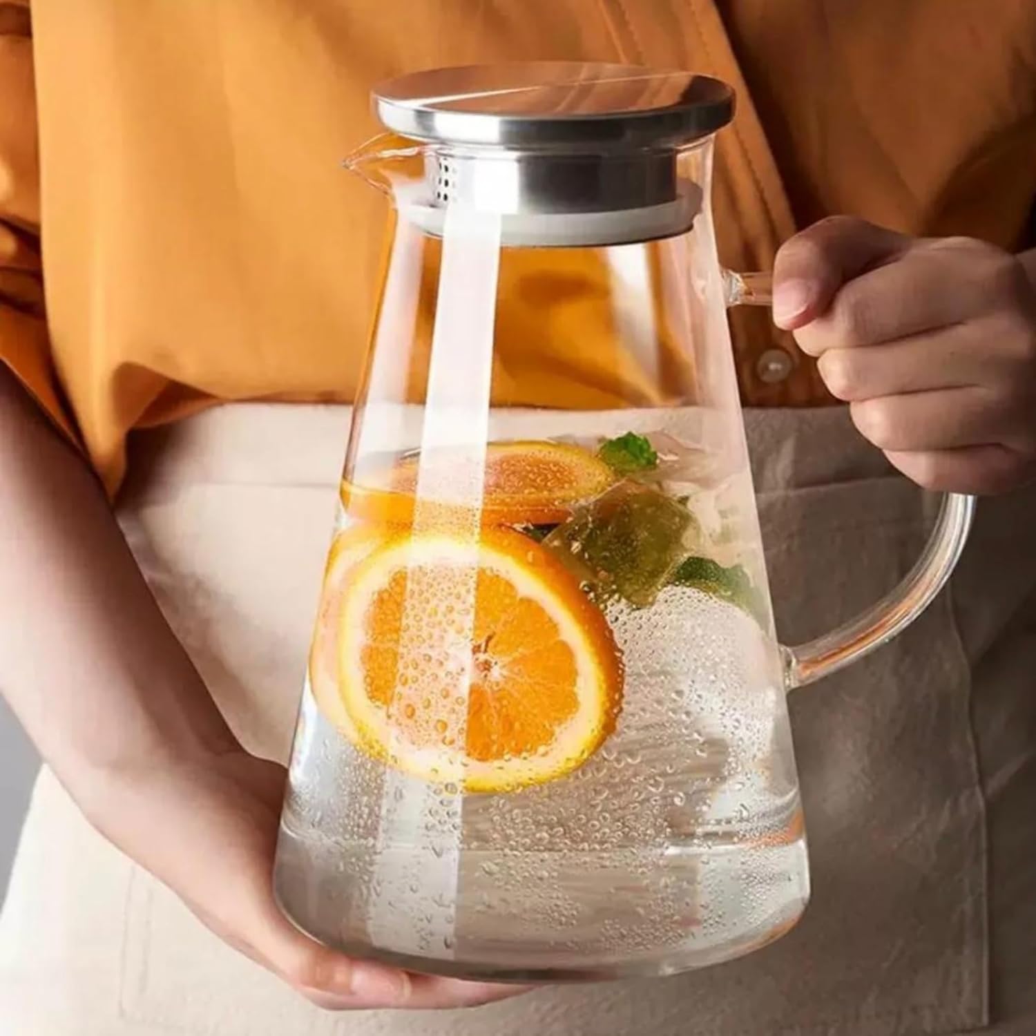 Meturas Borosilikat Cam Sürahi | Süzgeçli Paslanmaz Çelik Kapaklı, Isıya Dayanıklı Soğuk & Sıcak İçecek Servis Sürahisi (1800 ml) | Detoks İçecek Sürahisi Soğuk ve Sıcak İçecekler İçin