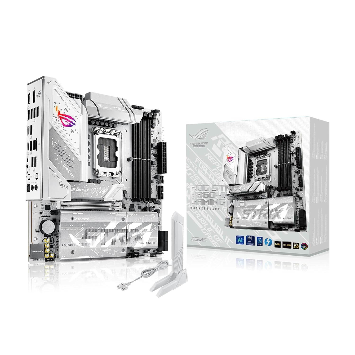 ASUS ROG Strix B860-G Gaming WiFi mATX anakart, Gelişmiş AI PC'ye hazır, 14+1+2+1 güç aşamaları, DDR5 yuvaları, PCIe 5.0, dört M.2 yuvası, WiFi 7, AI Networking II, Aura Sync RGB aydınlatma.