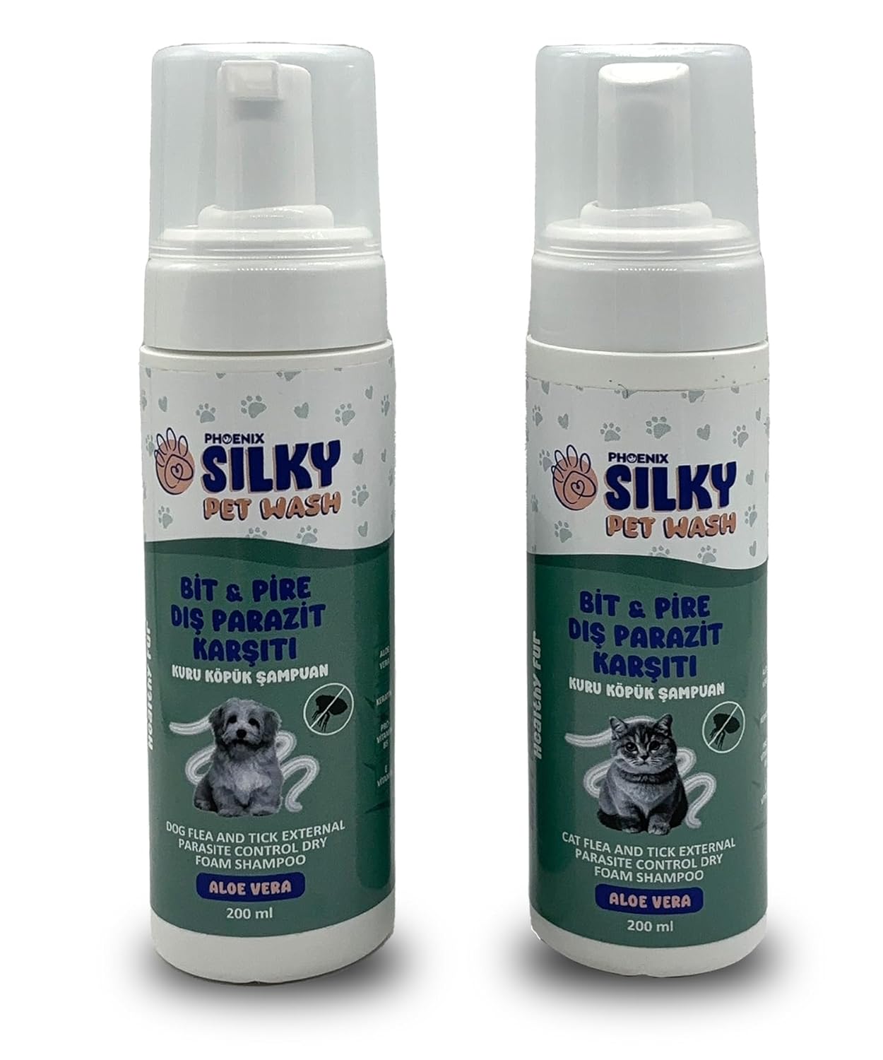 SilkyPetWash - Köpek ve Kedilere Özel AloeVera Özlü Dış Parazit Karşıtı Kuru Köpük Şampuan - 200ml