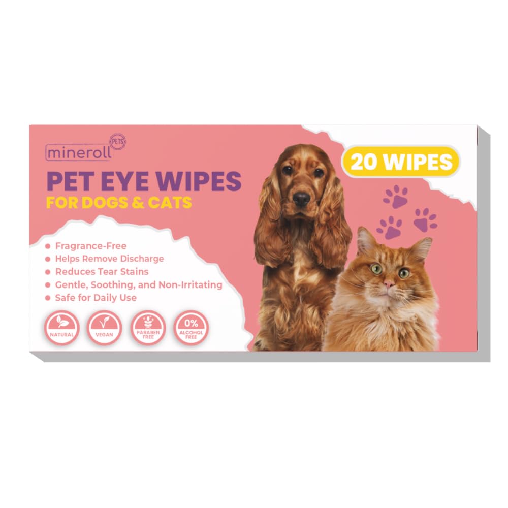 Mineroll Pets Kedi ve Köpek Göz Temizleme Mendilleri- Tek Kullanımlık, Hassas Gözyaşı Lekesi Temizleyici, Parfümsüz, Yumuşak - 20 Adet