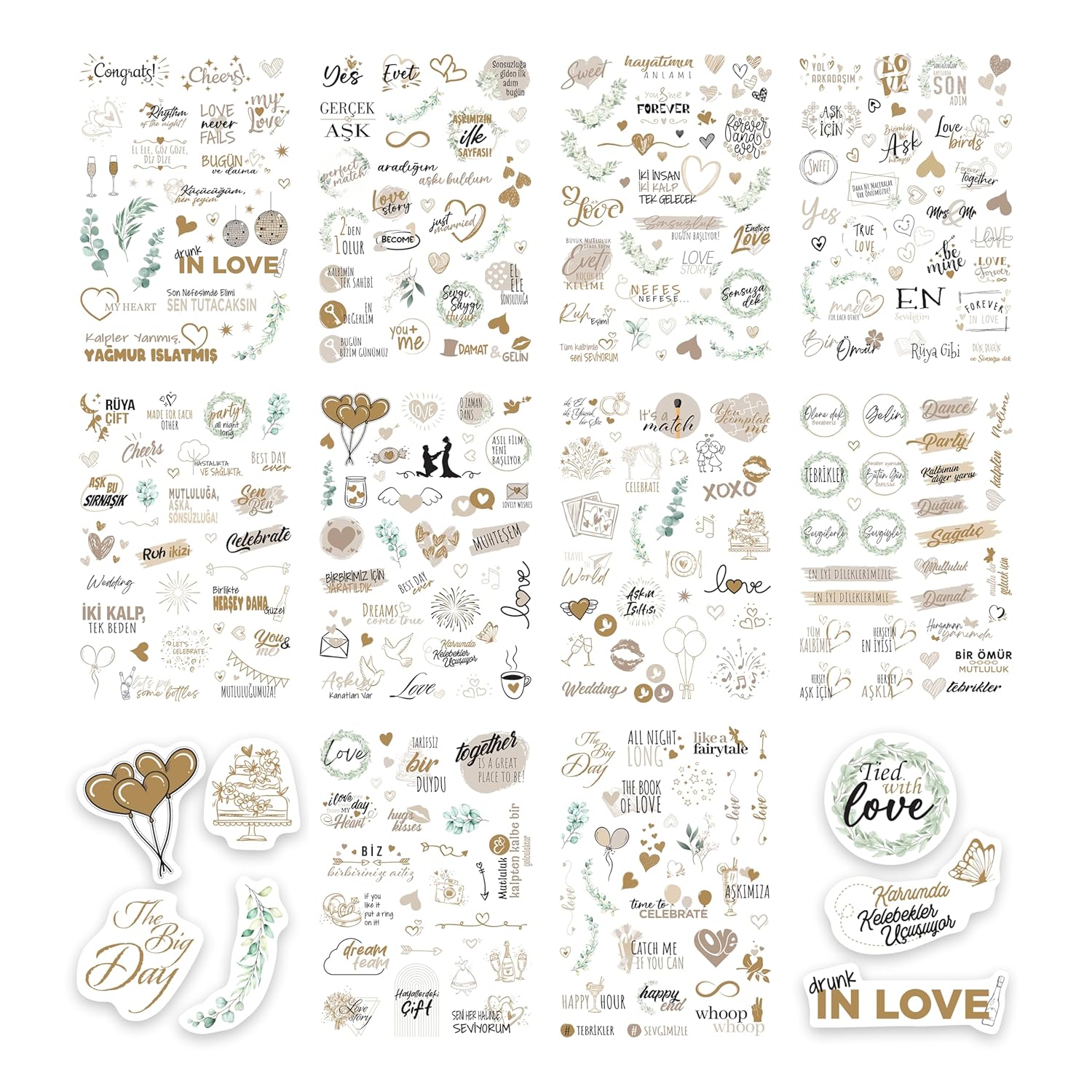 colortouch Düğün Sticker Seti, 325 Adet Çıkartma, Misafir, Konuk Defteri veya Fotoğraf Albumü için Sevgi Dolu Vintage Love Temalı, Dekorasyon için Motifli Sözcüklü Düğün Etiketi, 10 Sayfa, A5 Boyut