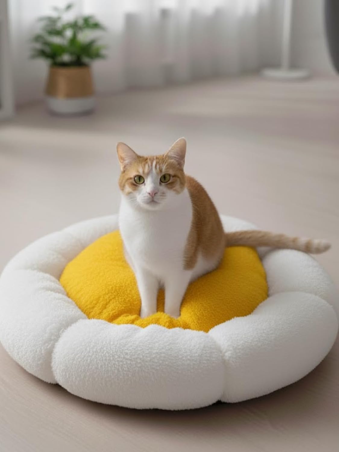 Beylini Kedi Köpek Yatağı Peluş Minderli Konforlu Uyku Alanı Bulut Tasarım 45x45 (Beyaz-Turuncu)