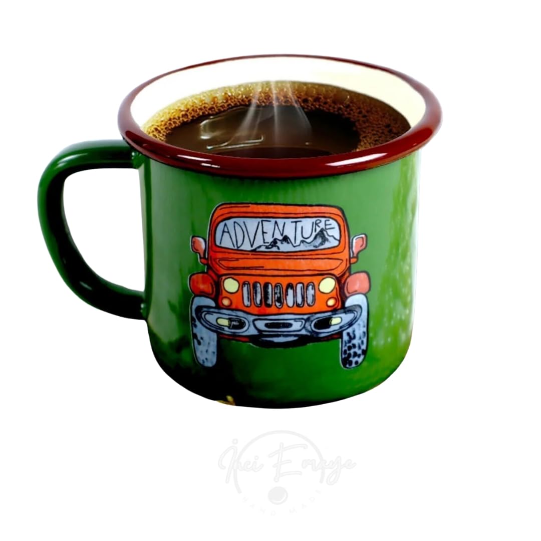 Inciemaye Mutfak Inci Emaye Kupa Bardak - Dayanıklı & Şık Tasarım, Sıcak ve Soğuk İçecekler İçin Ideal - İç Mekan, Kafe & Kamp Alanları İçin Mükemmel Seçim. 380 ml (YEŞİL - ARABA MOTIFLI)