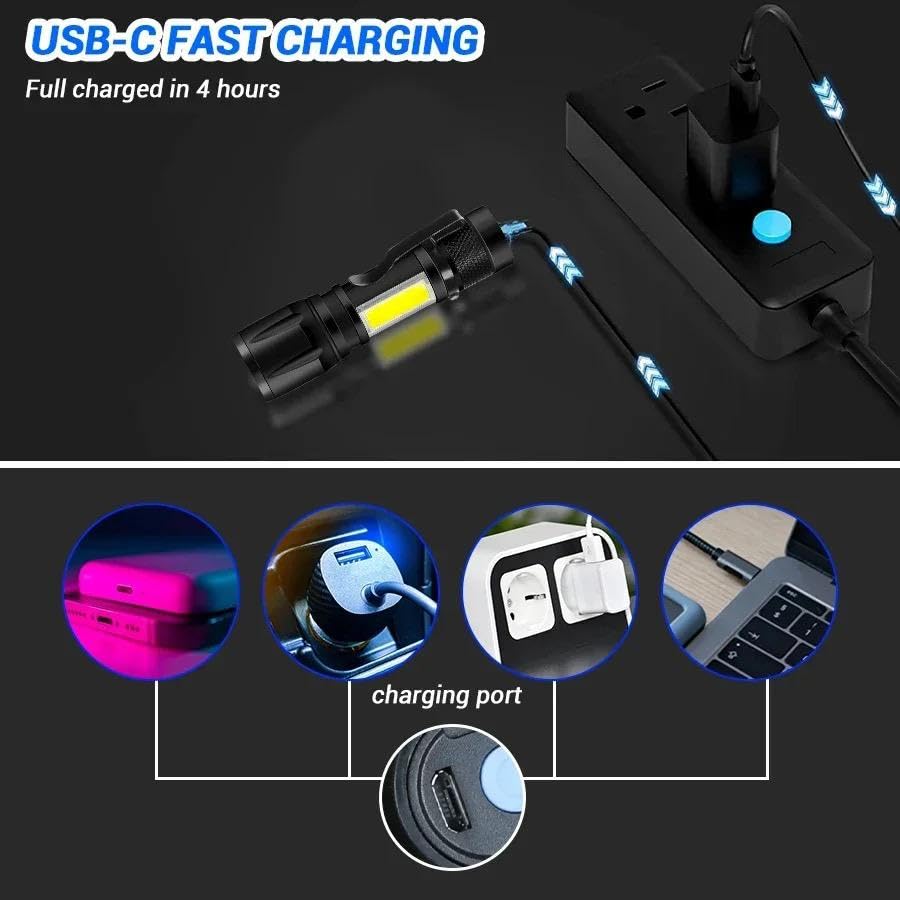 Orret Home USB Şarjlı Mini El Feneri – Ultra Güçlü LED Fener, 3 Modlu Işık, Metal Kasa, Klipsli Taşınabilir Aydınlatma, Kutulu Cep Feneri, Şarj Kablosu Dahil