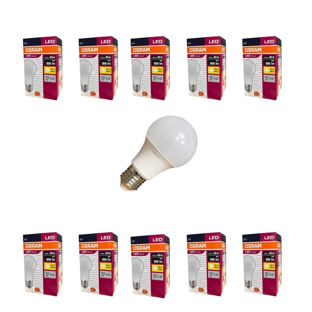 Osram LEDValue 8.5W E27 LED Ampul | 2700K Sıcak Sarı Işık, 806 Lümen, 60W Eşdeğer | Enerji Tasarruflu Ampul – 10'lu Paket