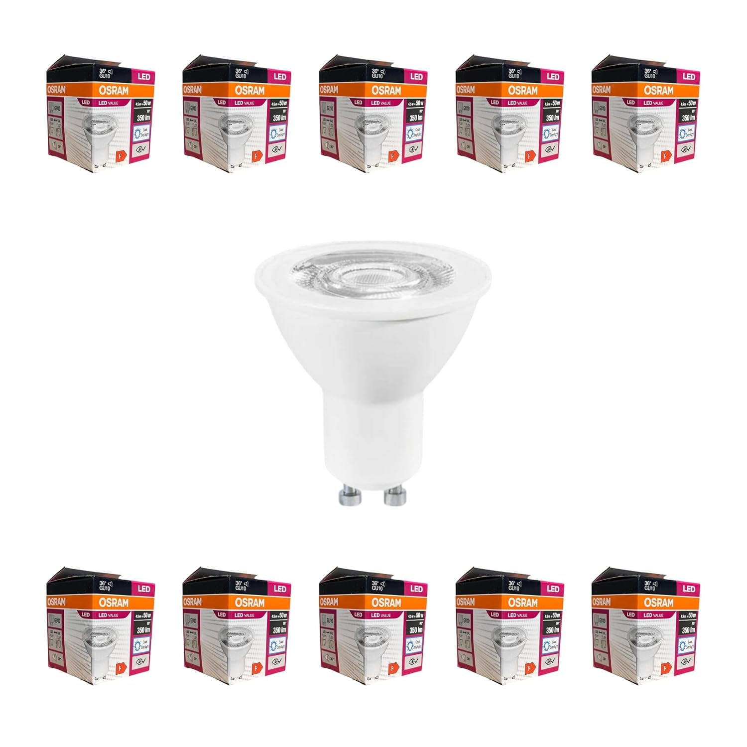 Osram GU10 LED Ampul 4.5W 6500K Beyaz Işık – 350lm, 36° Işık Açısı, 10'lu Ekonomik Paket, Enerji Sınıfı F – 15.000 Saat Ömür