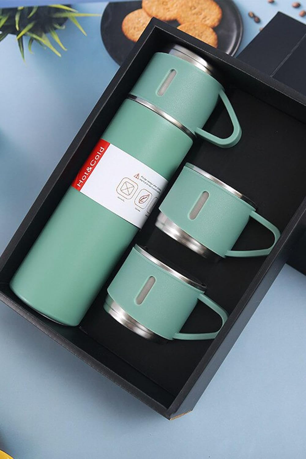 Paslanmaz Çelik Termos 3 Bardaklı Termos Seti Özel Kutulu Vakumlu Termos Set Çok Renkli Yeşil