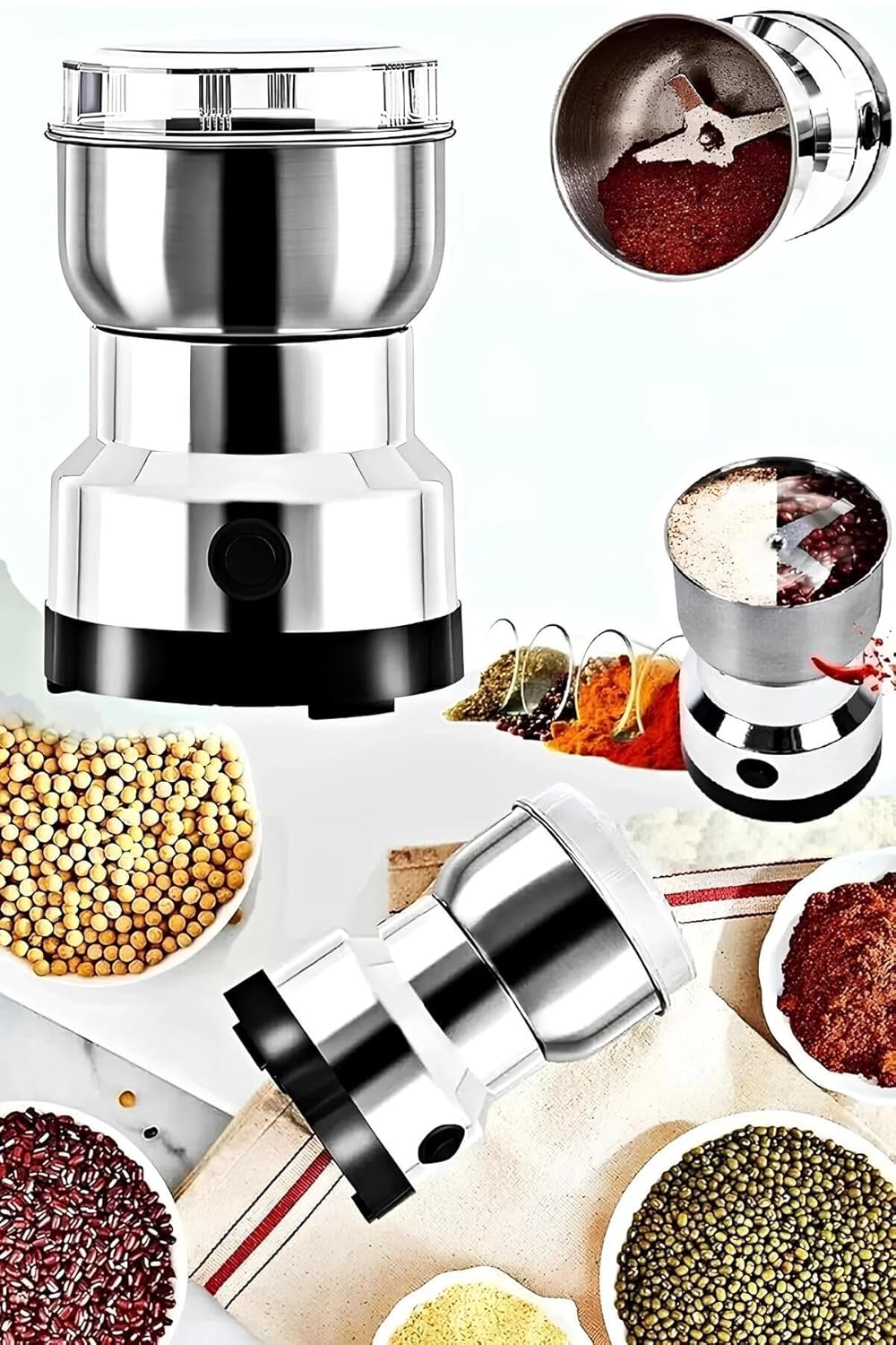Elektrikli Kahve Baharat Öğütücü Metal Bıçaklı Un Tahıl Fındık Pirinç Öğütücü Çok Fonksiyonlu 200W