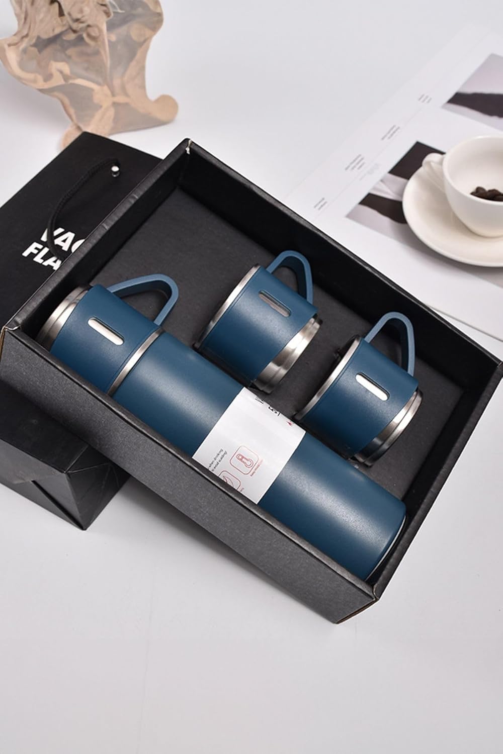 Paslanmaz Çelik Termos 3 Bardaklı Termos Seti Özel Kutulu Vakumlu Termos Set Çok Renkli Lacivert