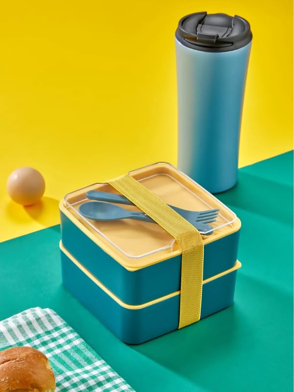 MHK PRİME Pratik ve Şık Beslenme Kutusu 2 Katlı Bölmeli, Kaşıklı ve Çatal Setli, Taşınabilir Gıda Saklama Kabı YEŞİL