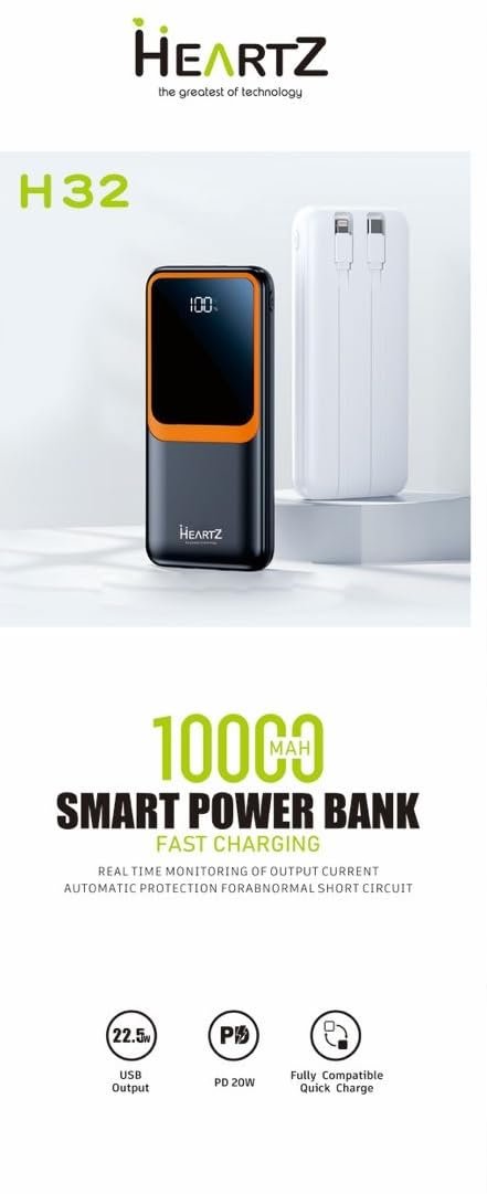 HEARTZ H32 10000 mah power bank PD 20W ve USB 22.5W FAST HIZLI ŞARJ DAHİLİ TYPE C VE LİGHTNİNG KABLOLU DÜNYA STANDARTLARINA UYGUN POLYMER BATARYA BİREBİR AMPER LCD GÖSTERGELİ POWERBANK (BEYAZ)