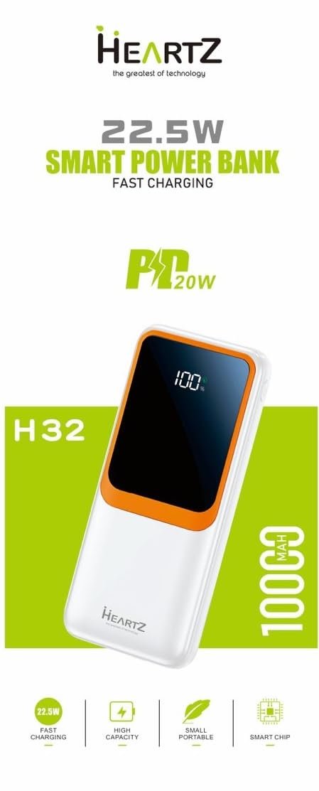 HEARTZ H32 10000 mah power bank PD 20W ve USB 22.5W FAST HIZLI ŞARJ DAHİLİ TYPE C VE LİGHTNİNG KABLOLU DÜNYA STANDARTLARINA UYGUN POLYMER BATARYA BİREBİR AMPER LCD GÖSTERGELİ POWERBANK (BEYAZ)