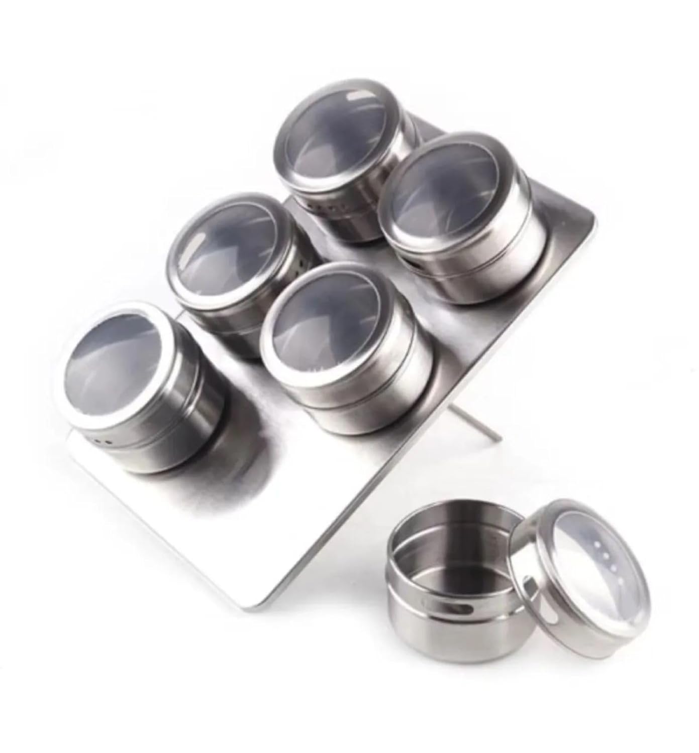 Busstier Manyetik Baharatlık Seti, Paslanmaz Çelik 6 Baharat Kavanozu ve Metal Stand, Şeffaf Kapaklı, Mıknatıslı ve Dayanıklı Tasarım, Duvar ve Buzdolabına Monte Edilebilir (Dikdörtgen)
